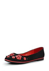 Балетки на каблуке Vitacci, черные с красными цветочками и стразами (велюр)